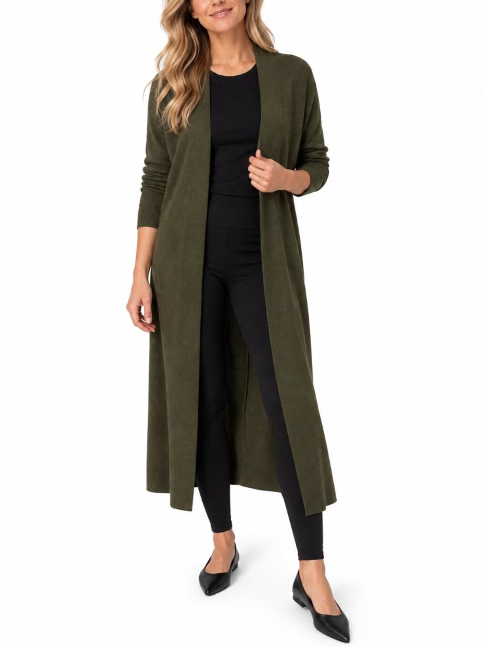 Vintage Eileen Fisher Olive Green 100% Wool Long Duster Cardigan Size XS